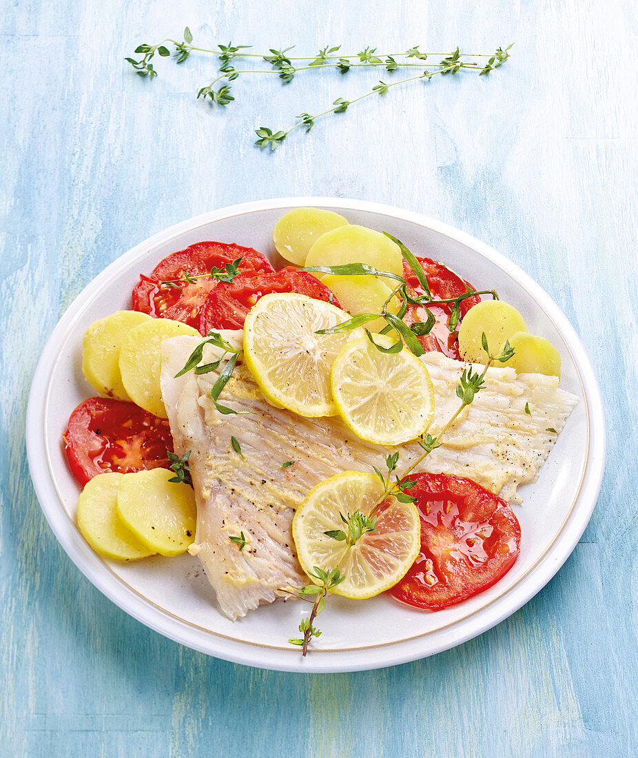 Skate Wings with Mustard, Lemons, Steamed Potatoes and Tomatoes