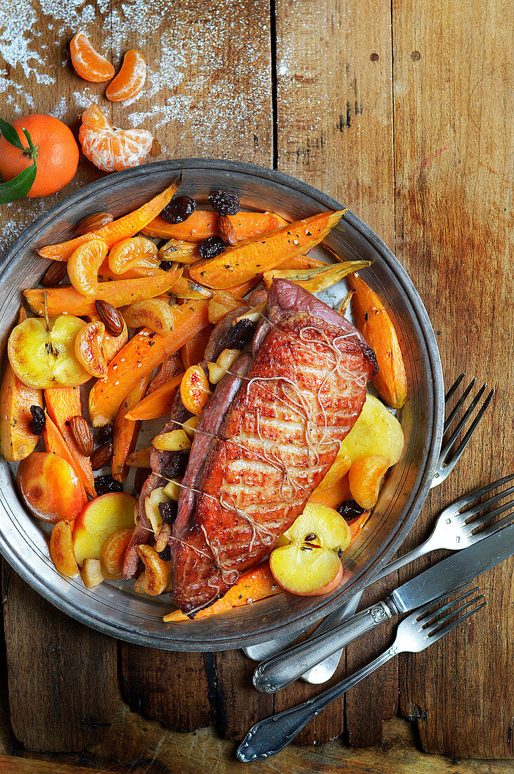 Duck Magret With Apples,Raisins,Clementines,Almonds And Sweet Potatoes
