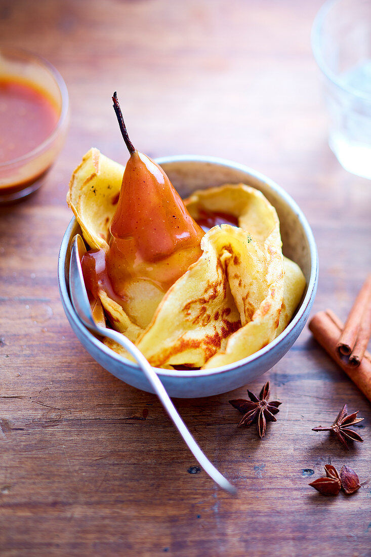 Pancake Corolla with Caramel and Spice Poached Pear