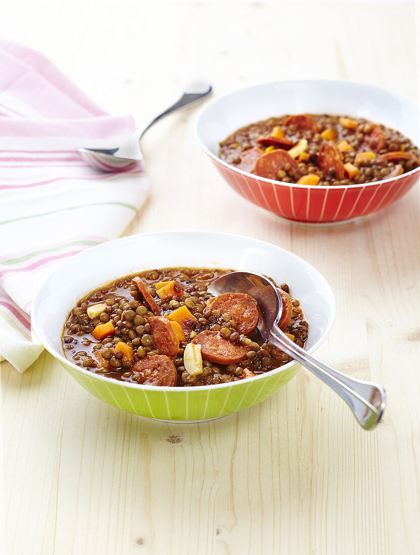 Lentils with chorizo and carrots
