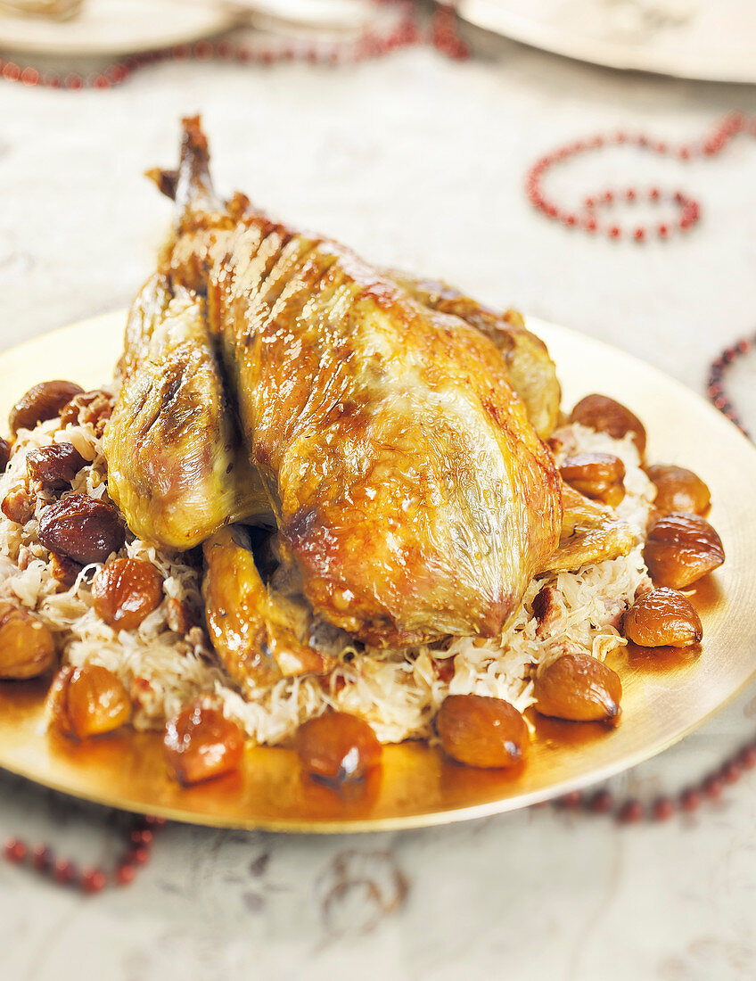 Roasted Guinea Fowl With Smoked Sauerkraut And Chestnuts