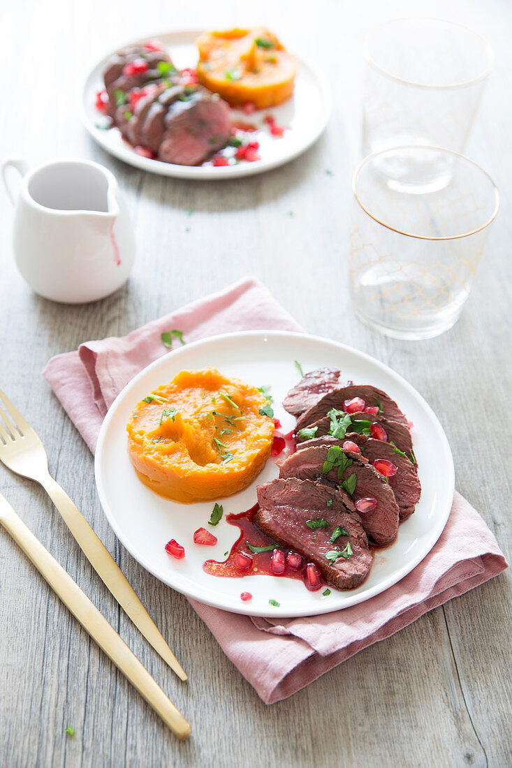 Duck Magret With Pomegranate And Sweet Potato Mash