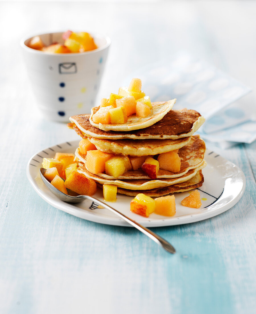 Pancakes With Diced Melon And Peaches