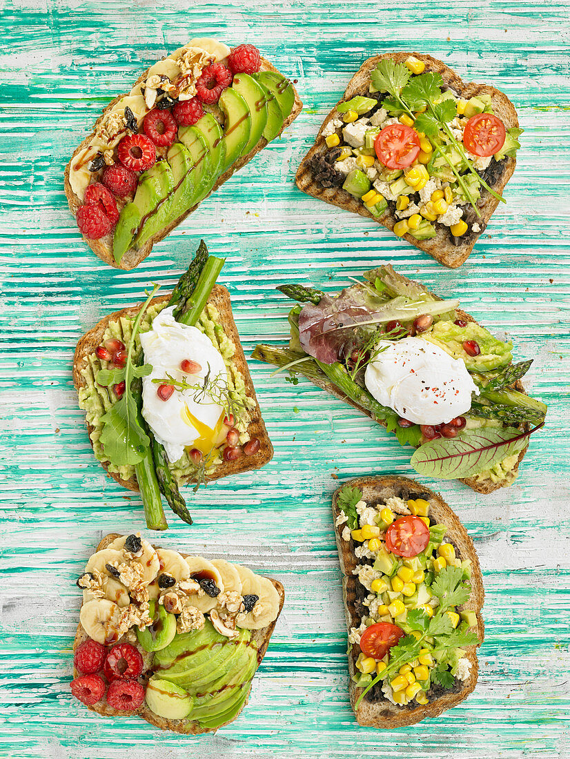 Various sweet and savory open-face sandwiches (vegetarian)