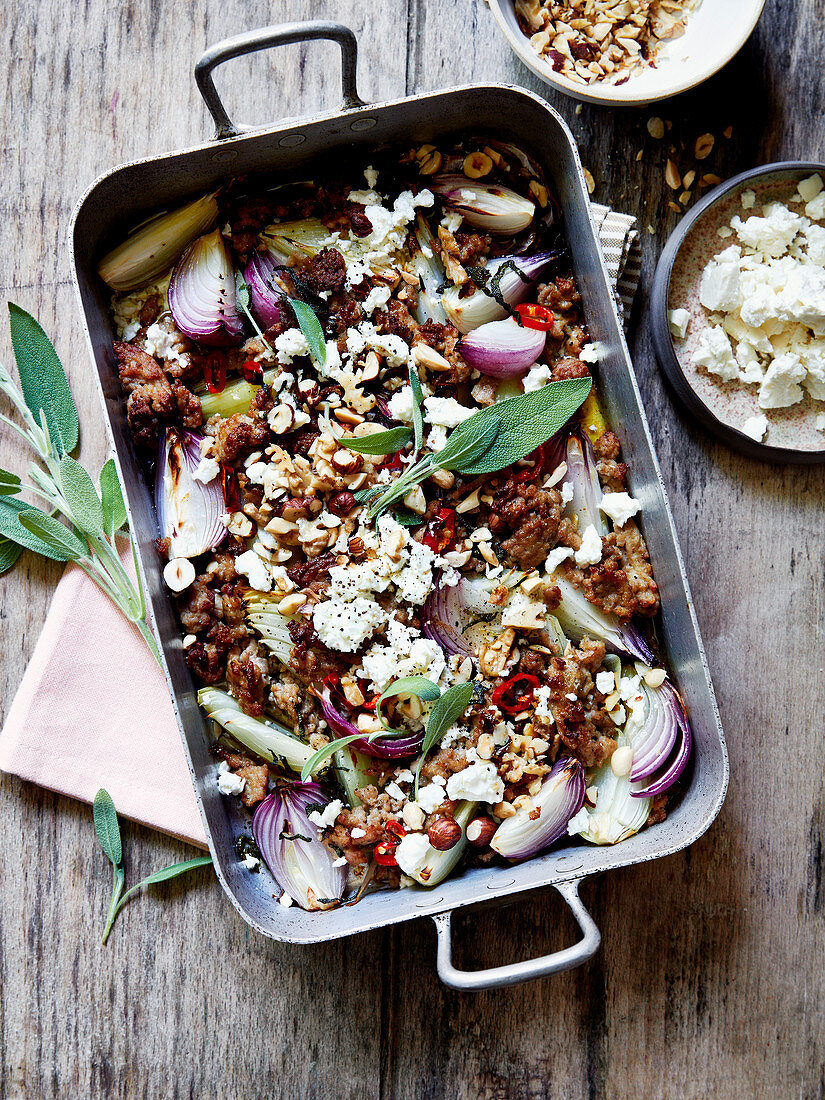 Veal chili, red onion and sage hash with dried fruit and feta crumbs