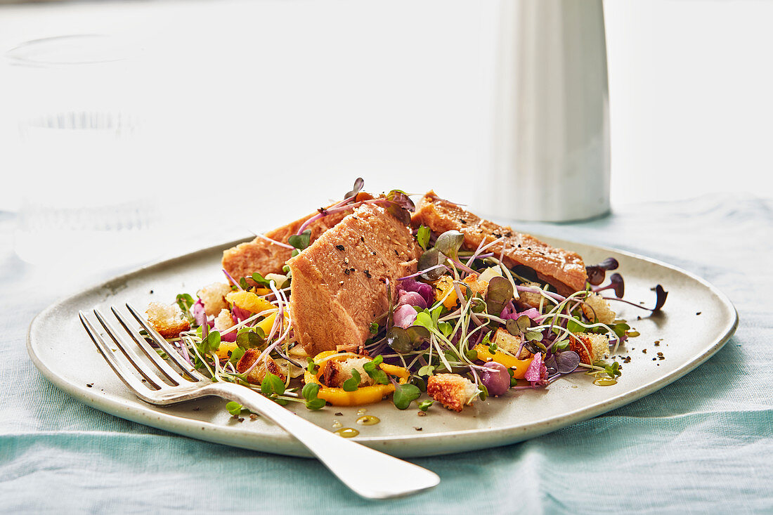Shoot and sprout salad with croutons and veal loaf