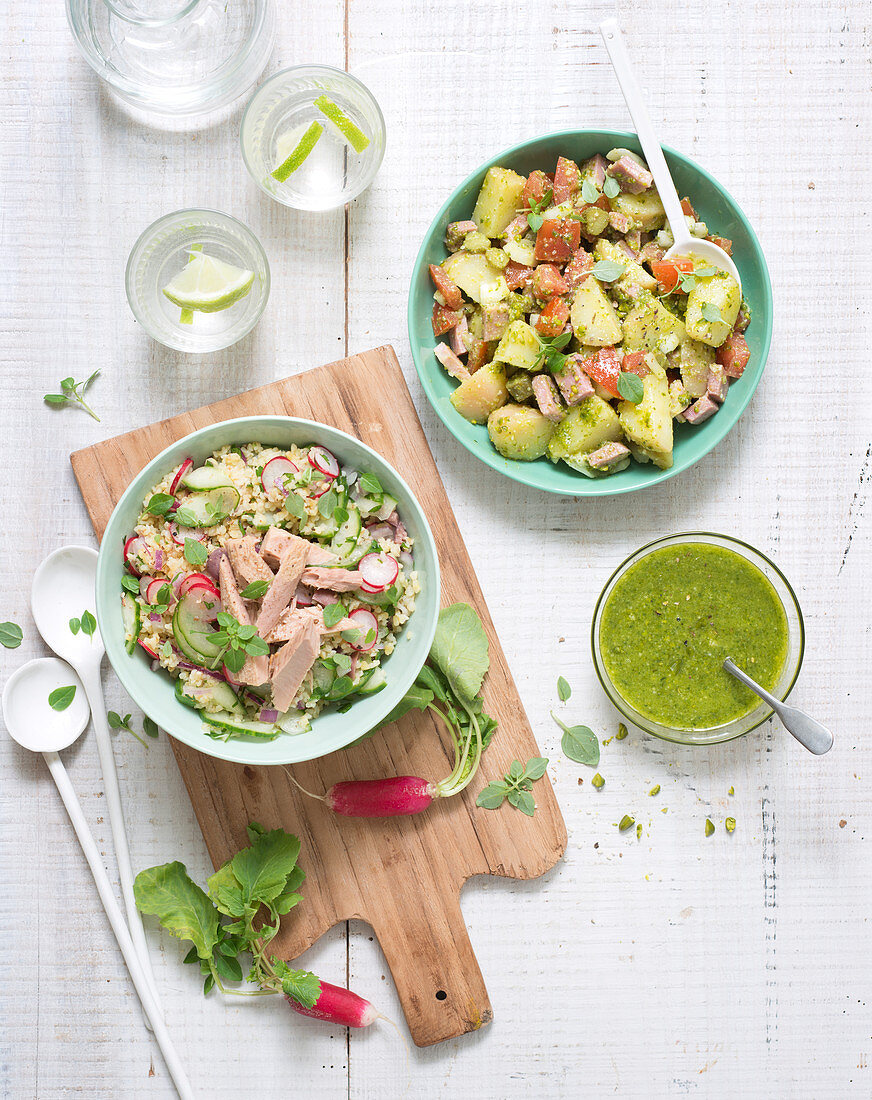 Potato salad and bulgur tuna salad