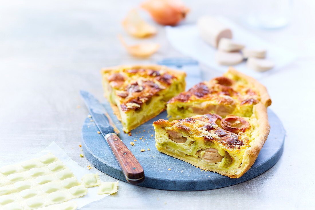 Quiche mit Ravioli und Boudin Blanc