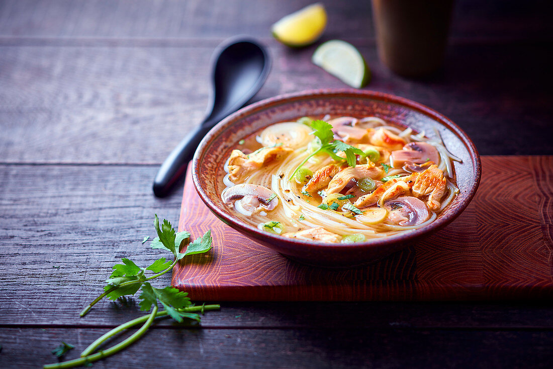 Chicken and rice noodle Asian soup