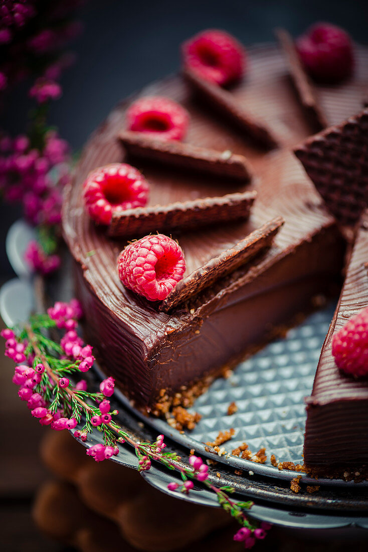 Chocolate truffle cake with ginger cookie crust and raspberries