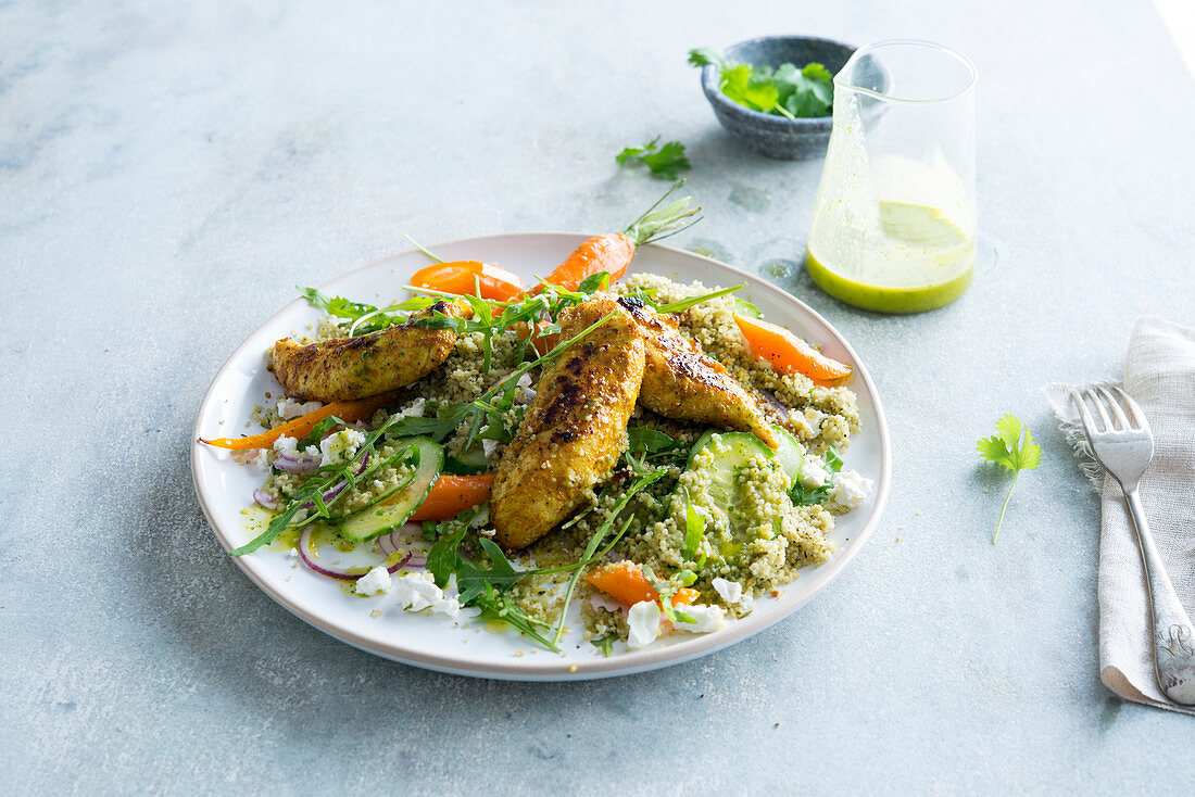 Chicken Tenderloins with Curry, Feta Green Tabbouleh, Baby Carrots, Cucumber and Arugula