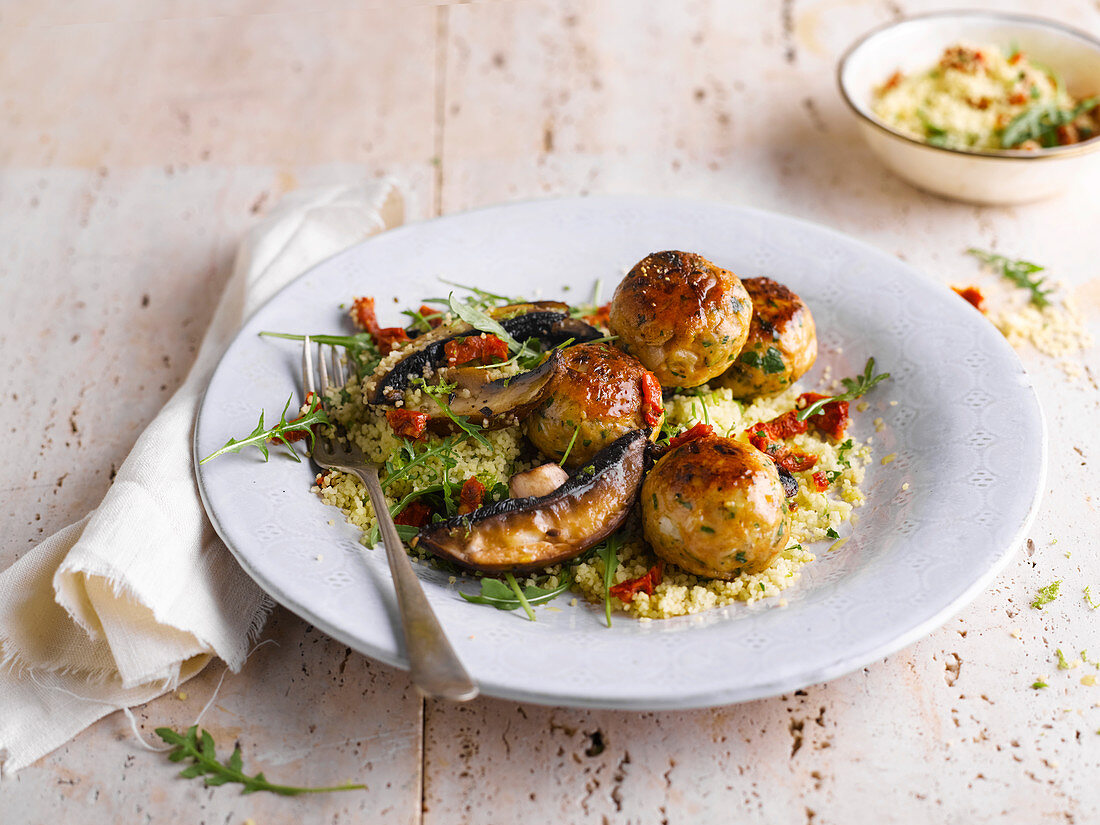 Italian Turkey Meatballs with Eggplant Semolina and Sundried Tomatoes