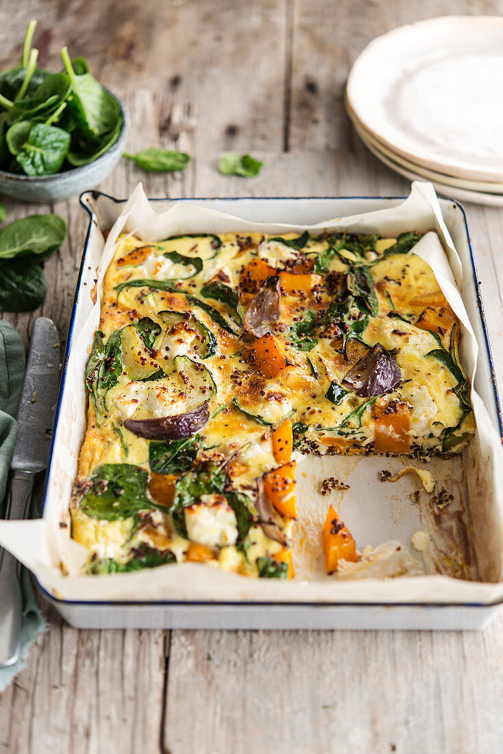 Quiche with courgette, spinach and butternut squash