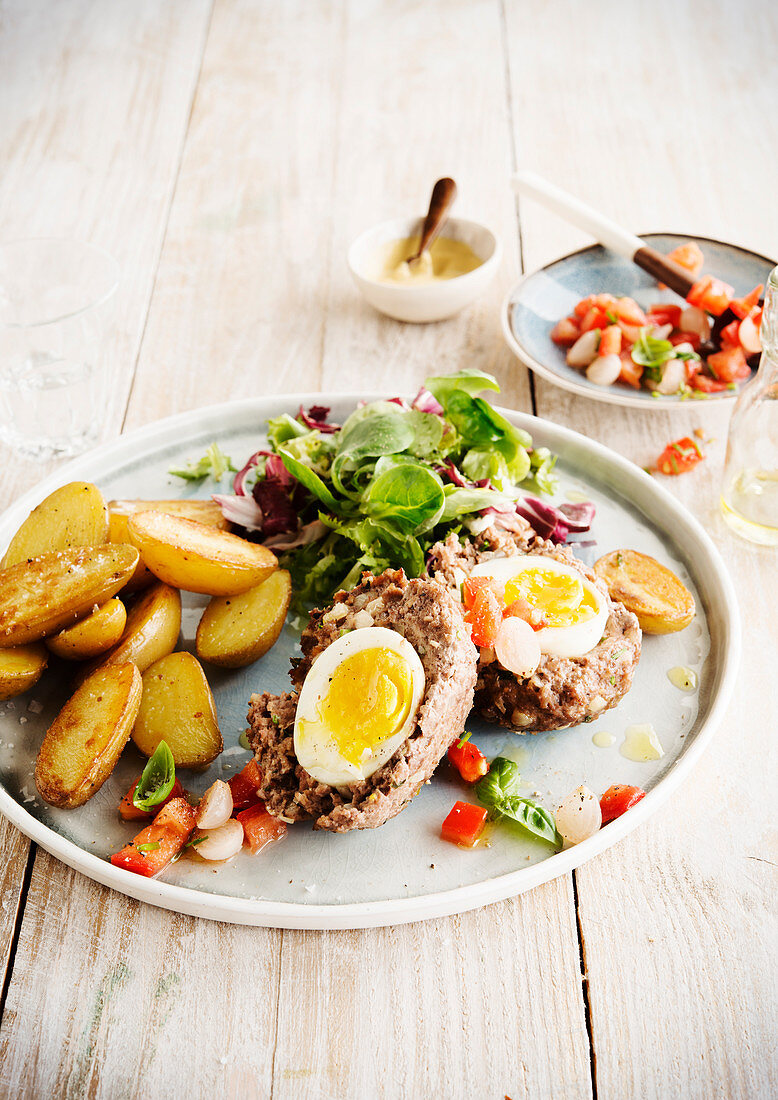 Scotch Eggs served with fried potatoes and salad