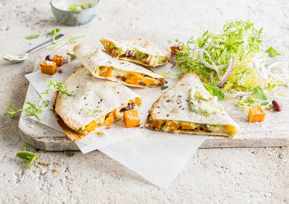 Quesadillas with sweet potato, avocado and cheese