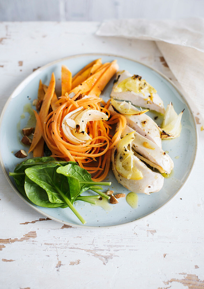 Chicken breast with carrot spaghetti and sweet potato