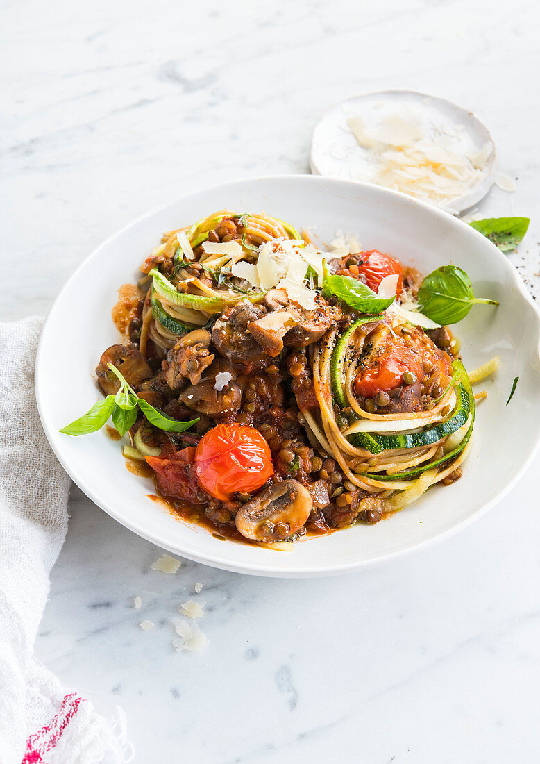Spaghetti with courgette and lentil bolognese