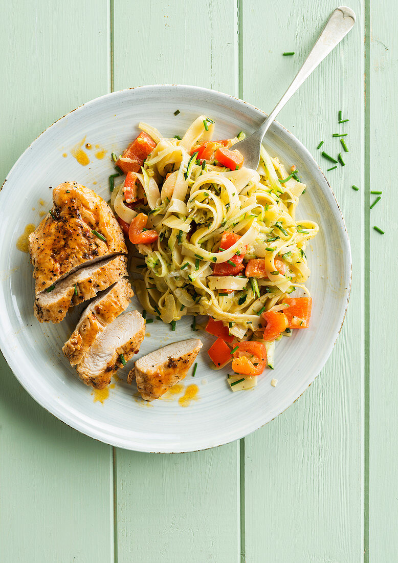 Turkey steak with gourgette pepper tagliatelle