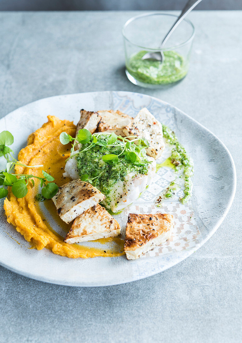 Fish with pesto and sweet potato puree