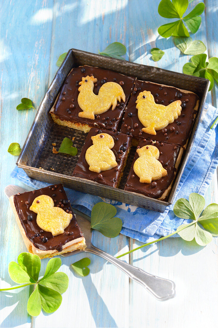 Easter Chocolate Cake Decorated With Chick-Shaped Biscuits