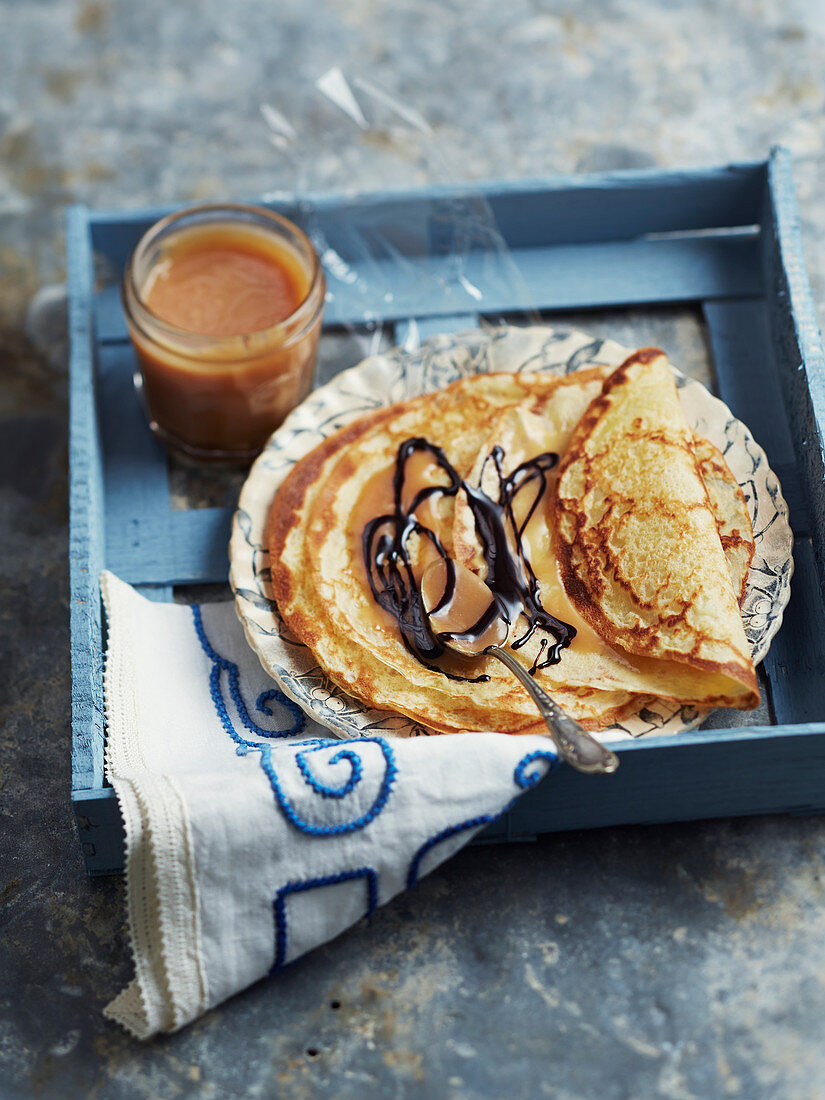 Chocolate Pancakes with Salted Butter Caramel