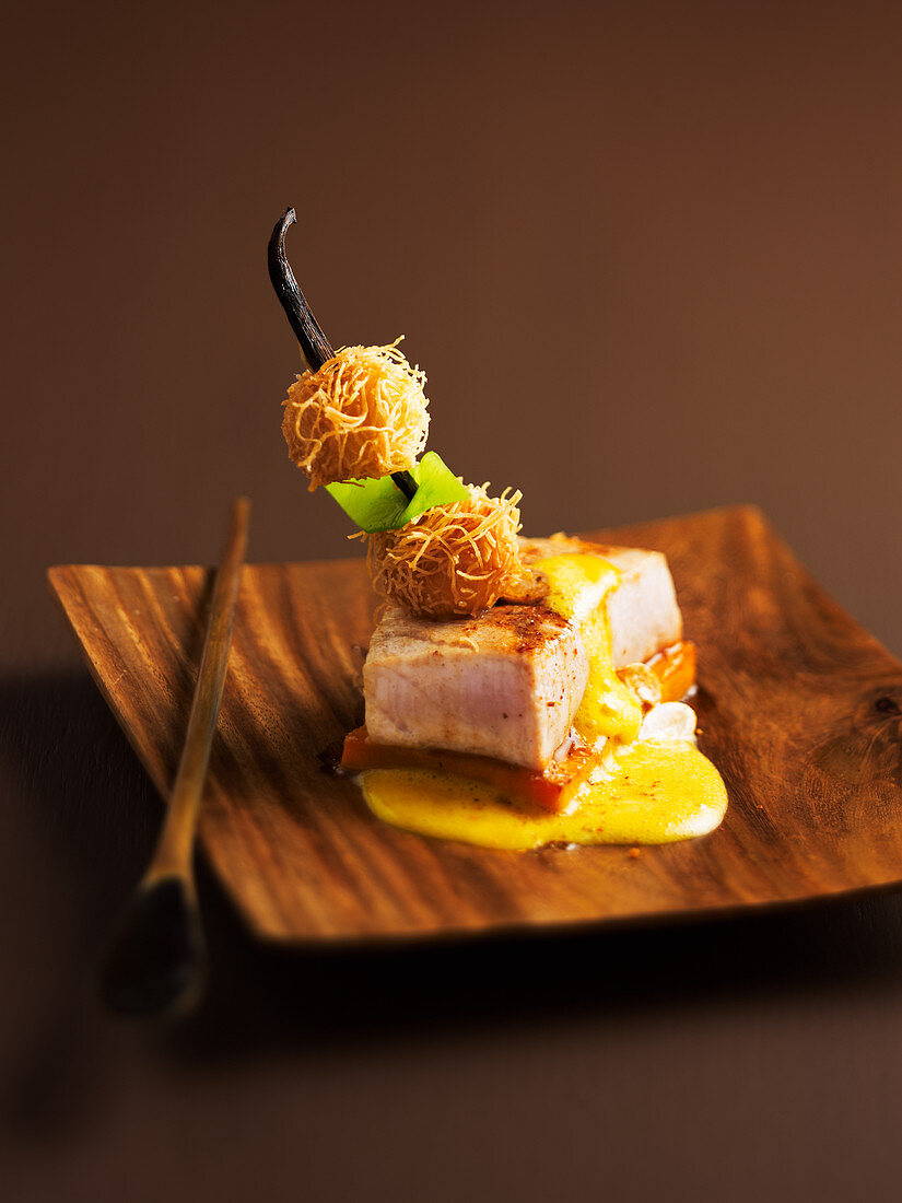 Piece of roasted dolphin fish,spicy butternut and crisp sweet potatoes by Chef Matteis
