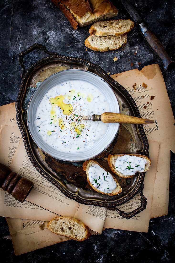 Cervelle de Canut with bread (cream cheese spread, Lyon, France)