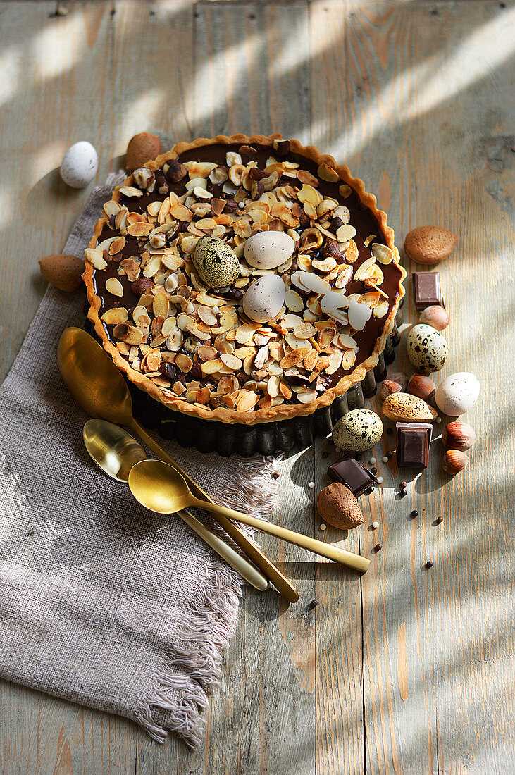 Easter chocolate cake with almonds and hazelnuts