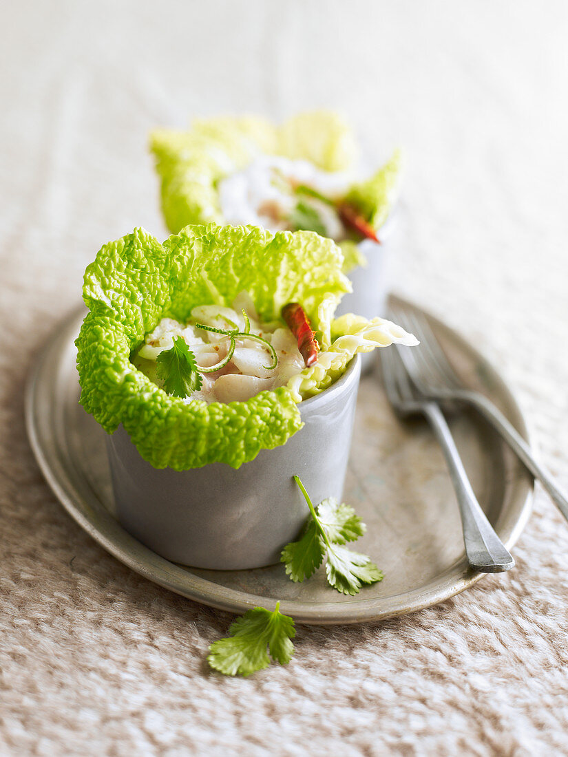 Small savoy cabbage rolls with white fish