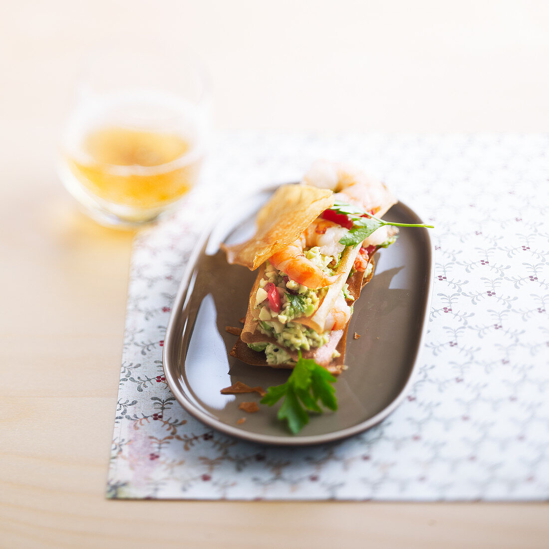 Mille feuille of avocado with gamba and cider