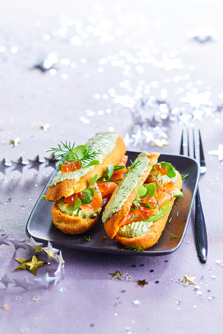 Christmas eclairs filled with smoked salmon and avocado