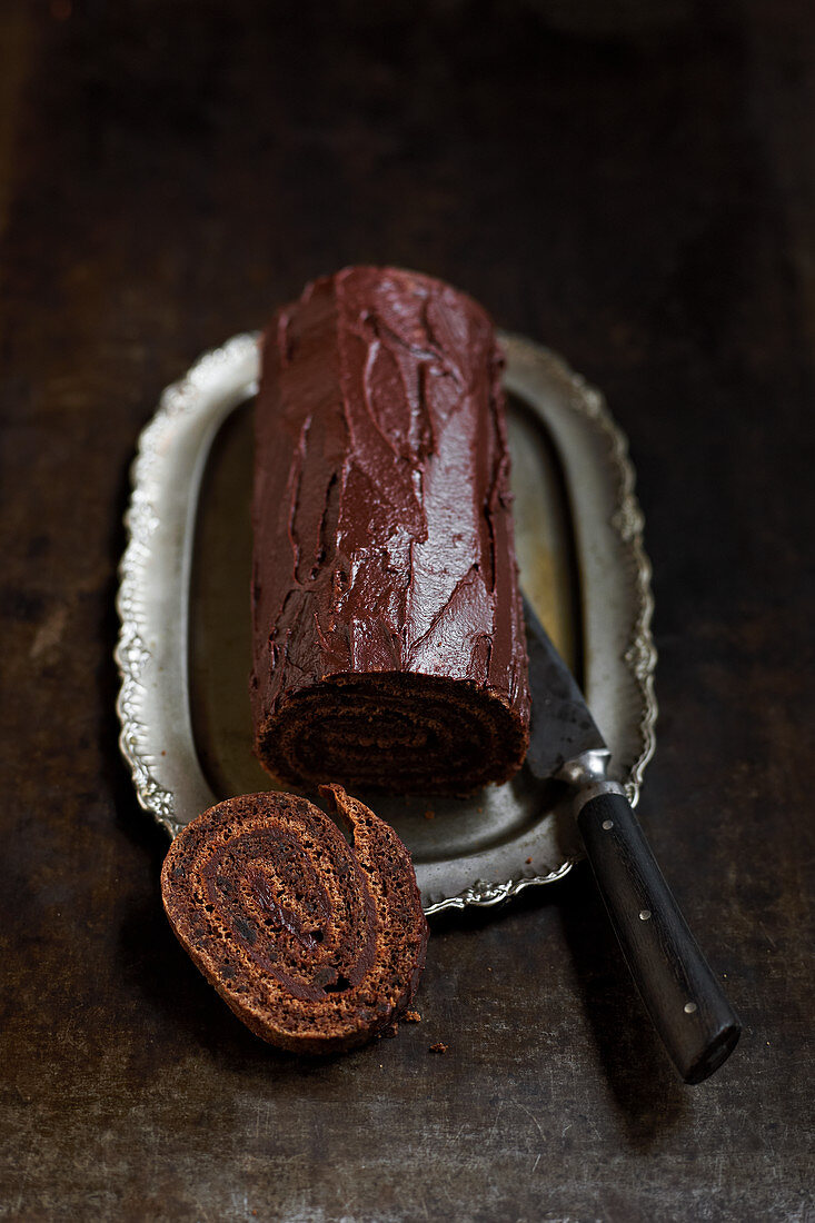 Chocolate sponge roll with ganache