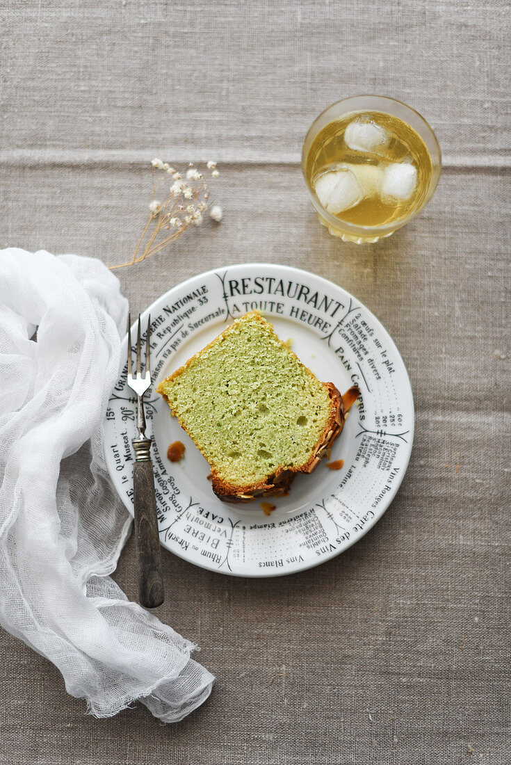 A slice of almond-pistachio cake
