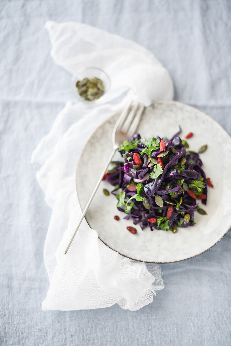 Rotkohlsalat mit Bohnen und Gojibeeren