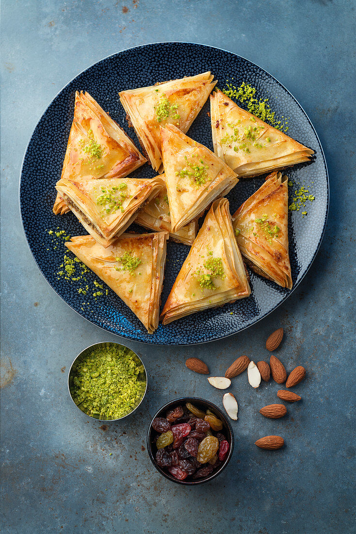 Baklava with sultanas, almonds and pistachios