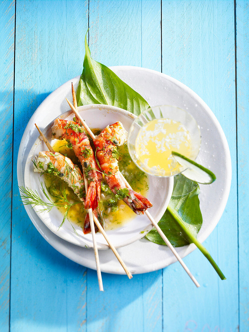Marinated prawn skewers with coconut and herbs