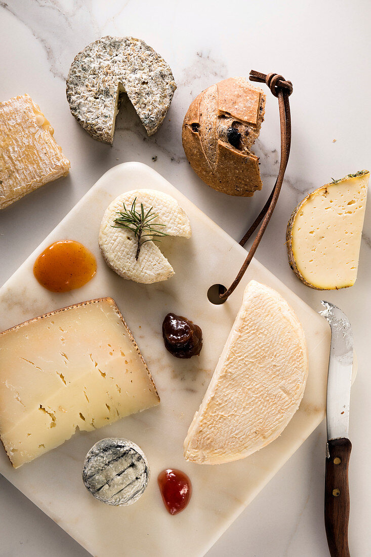 Different kinds of cheese on a marble cheese plate