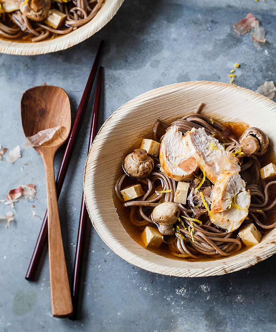 Chicken with soba noodles, tofu and mushrooms (Asia)