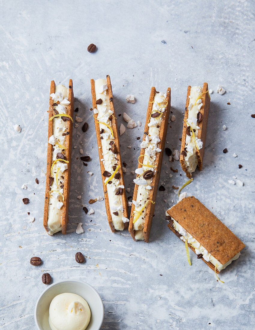 Crunchy sticks with lemon cream and crushed coffee beans