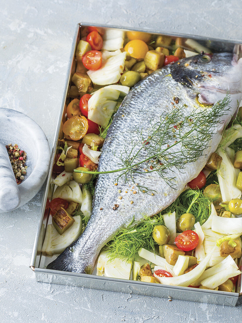 Bream Royale with roast vegetables
