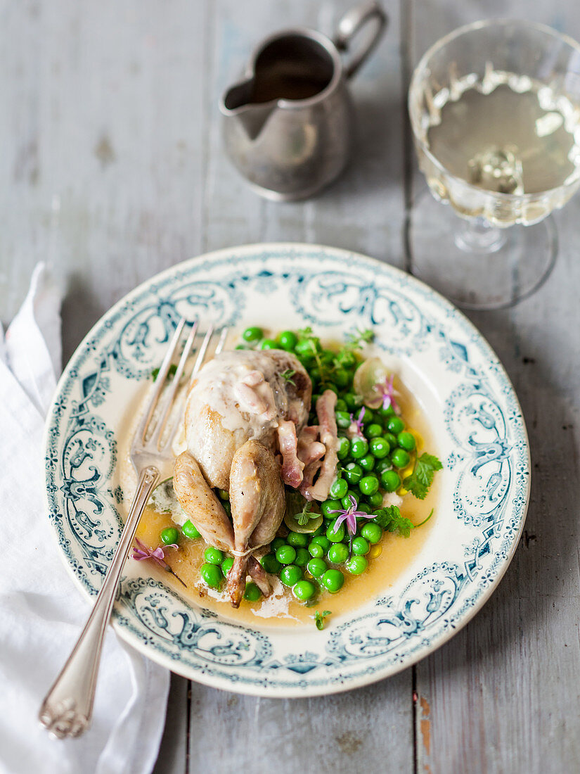 Quail with peas