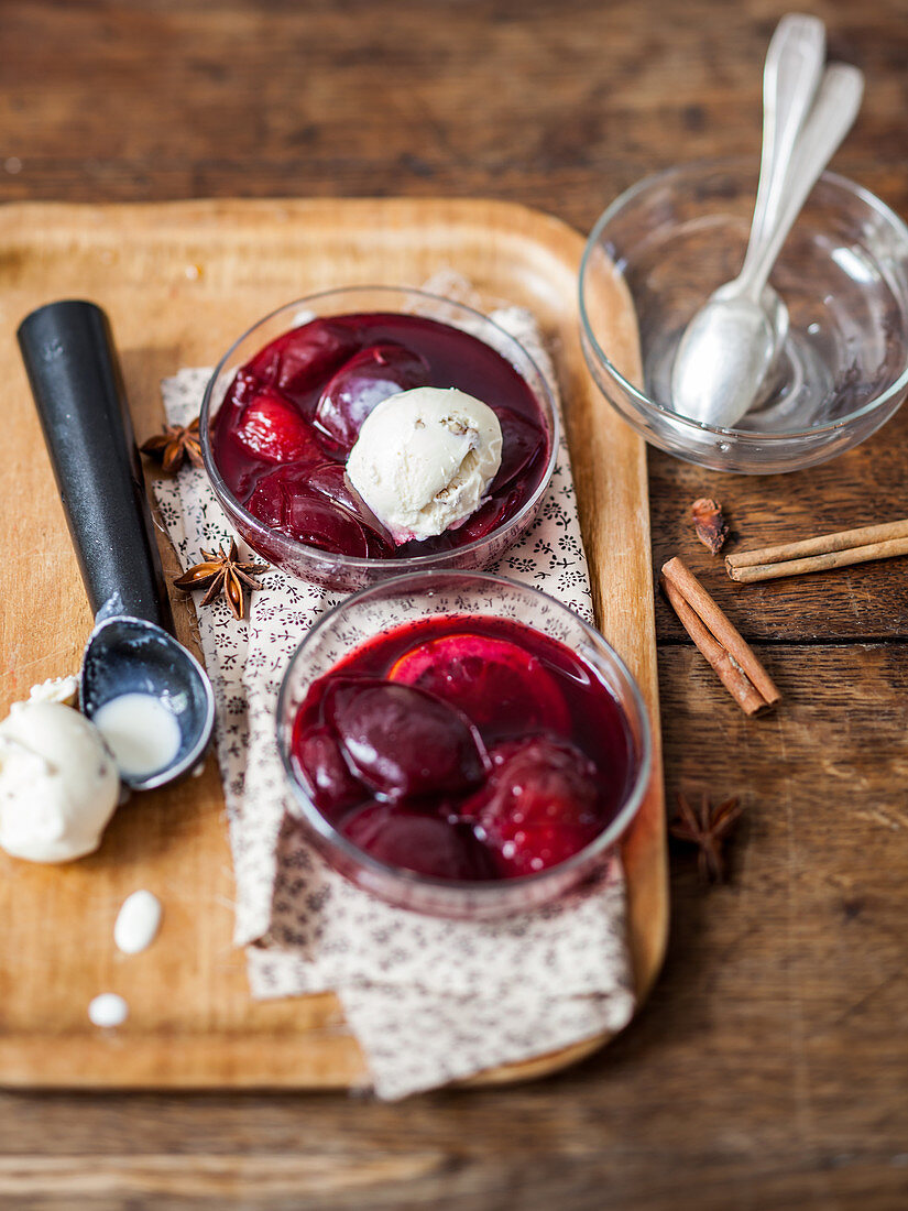 Plum soup with vanilla ice cream