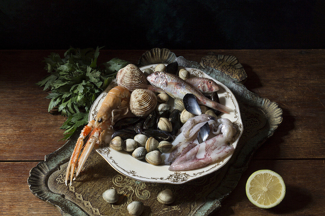 Assorted fresh seafood on a plate