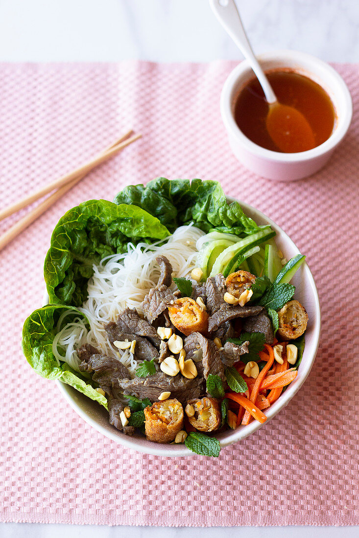 Bo Bun (Suppe mit Reisnudeln, Rindfleisch und Gemüse, Vietnam)