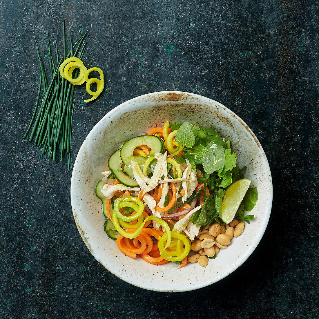 Bun Bo with vegetable noodles, chicken and peanuts (Vietnam)