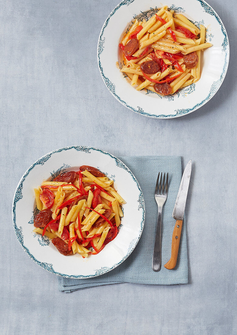 Penne with tomatoes and chorizo