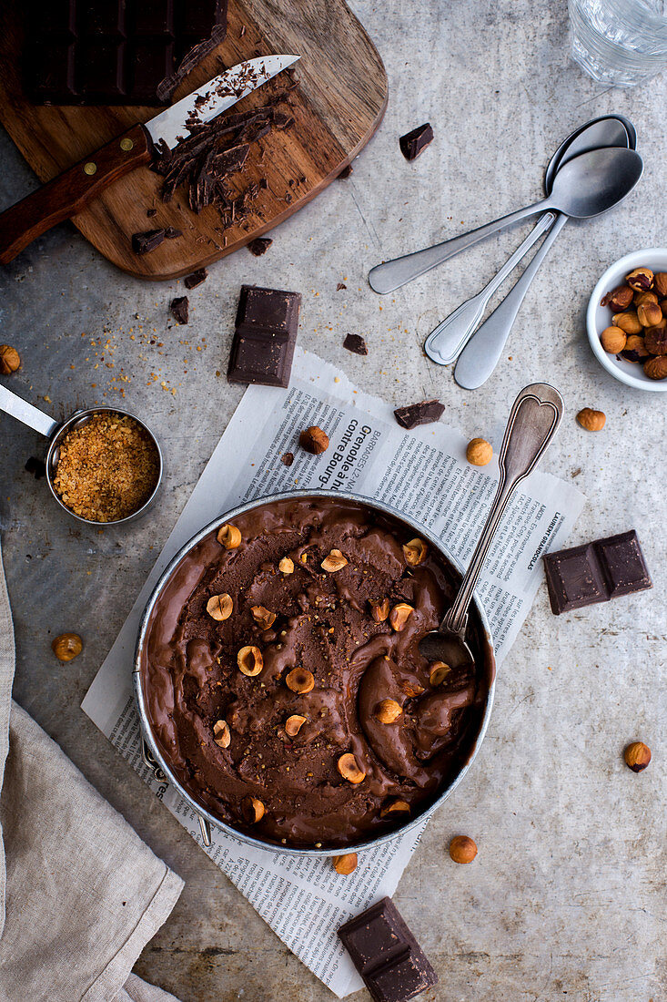 Homemade chocolate ice cream with hazelnuts