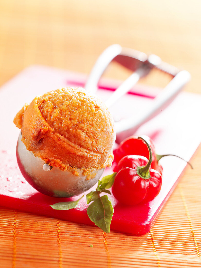 Pepper ice cream in an ice cream scoop
