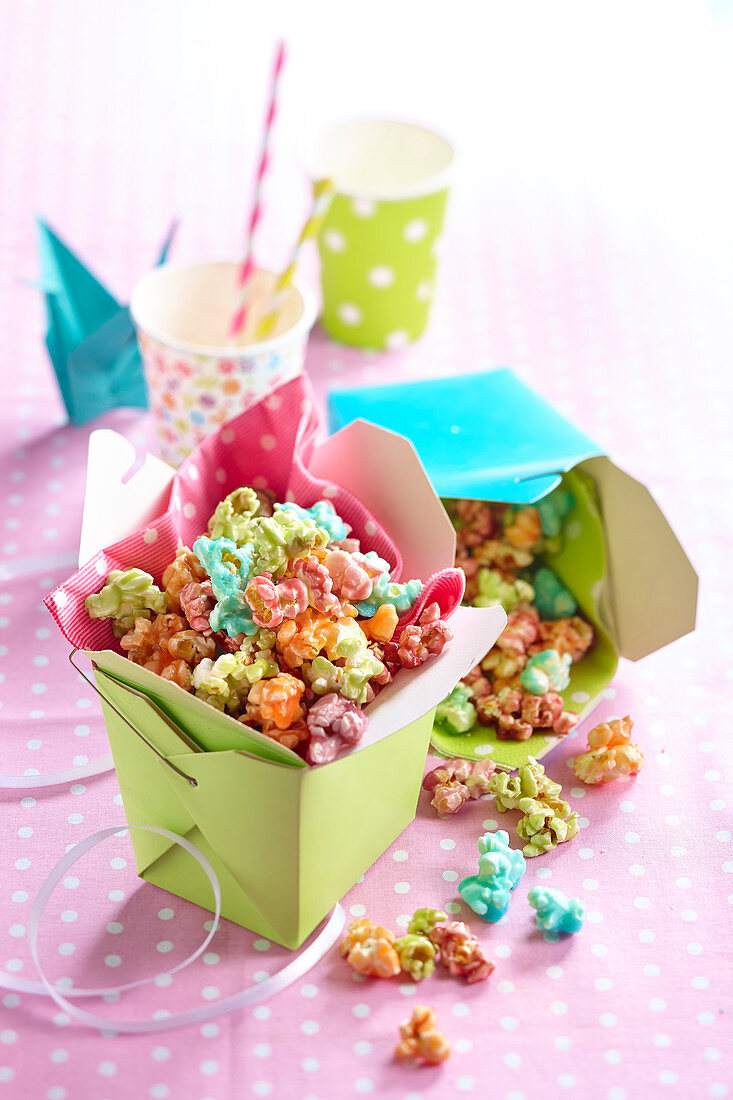 Rainbow popcorn in cardboard boxes