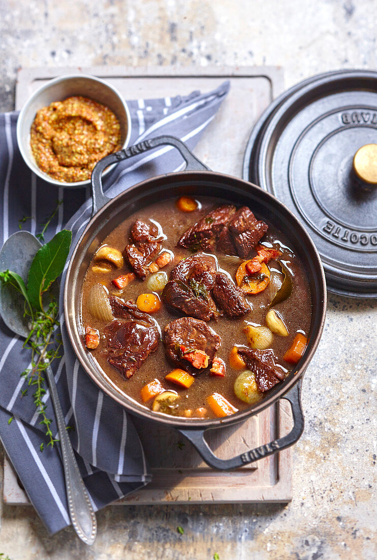 Boeuf Bourguignon in a casserole dish